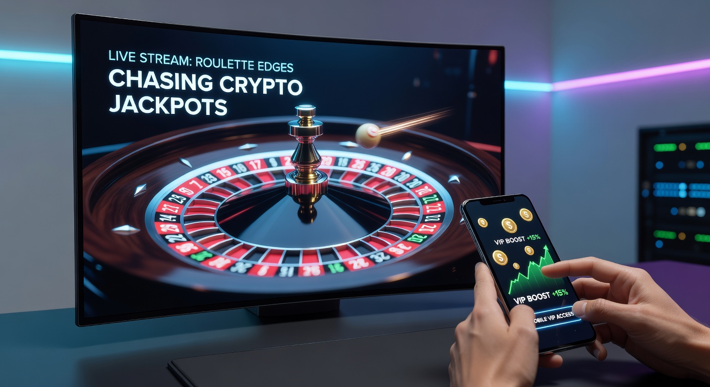 Drehender Roulette-Tisch mit leuchtenden Crypto-Symbolen und Jackpot-Anzeigen im Live-Stream