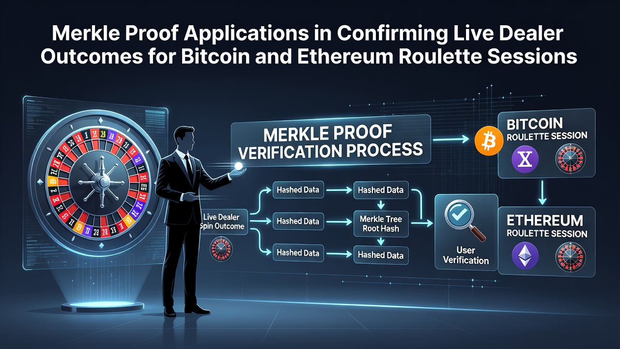 Darstellung eines Merkle-Baums mit Hash-Verknüpfungen für Roulette-Ergebnisverifizierung auf Blockchain