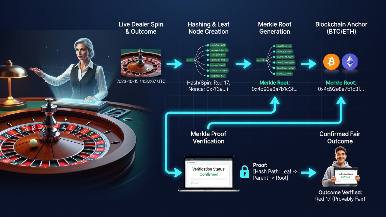 Verifizierungsprozess eines Roulette-Ergebnisses mittels Merkle-Beweis in einer Ethereum-Session