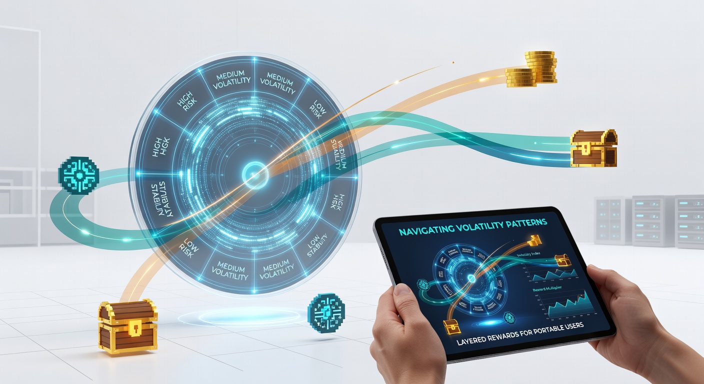Mobile Ansicht eines Digital-Ledger-Wheel-Games mit dargestellten Volatilitätskurven und Belohnungsebenen
