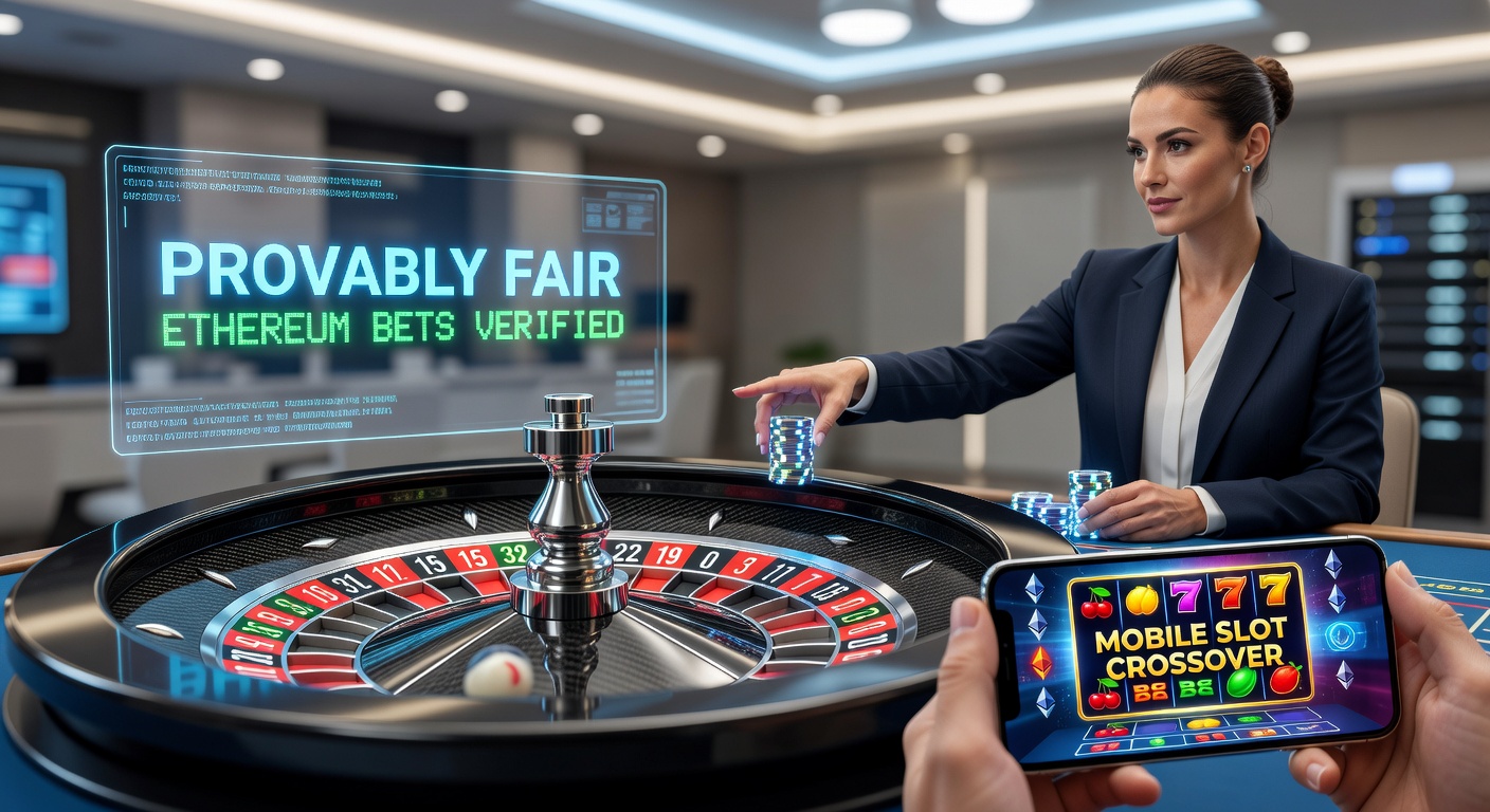 Grafik einer provably fair Roulette-Tafel mit Ethereum-Logos und Live-Dealer-Elementen auf einem Smartphone-Bildschirm