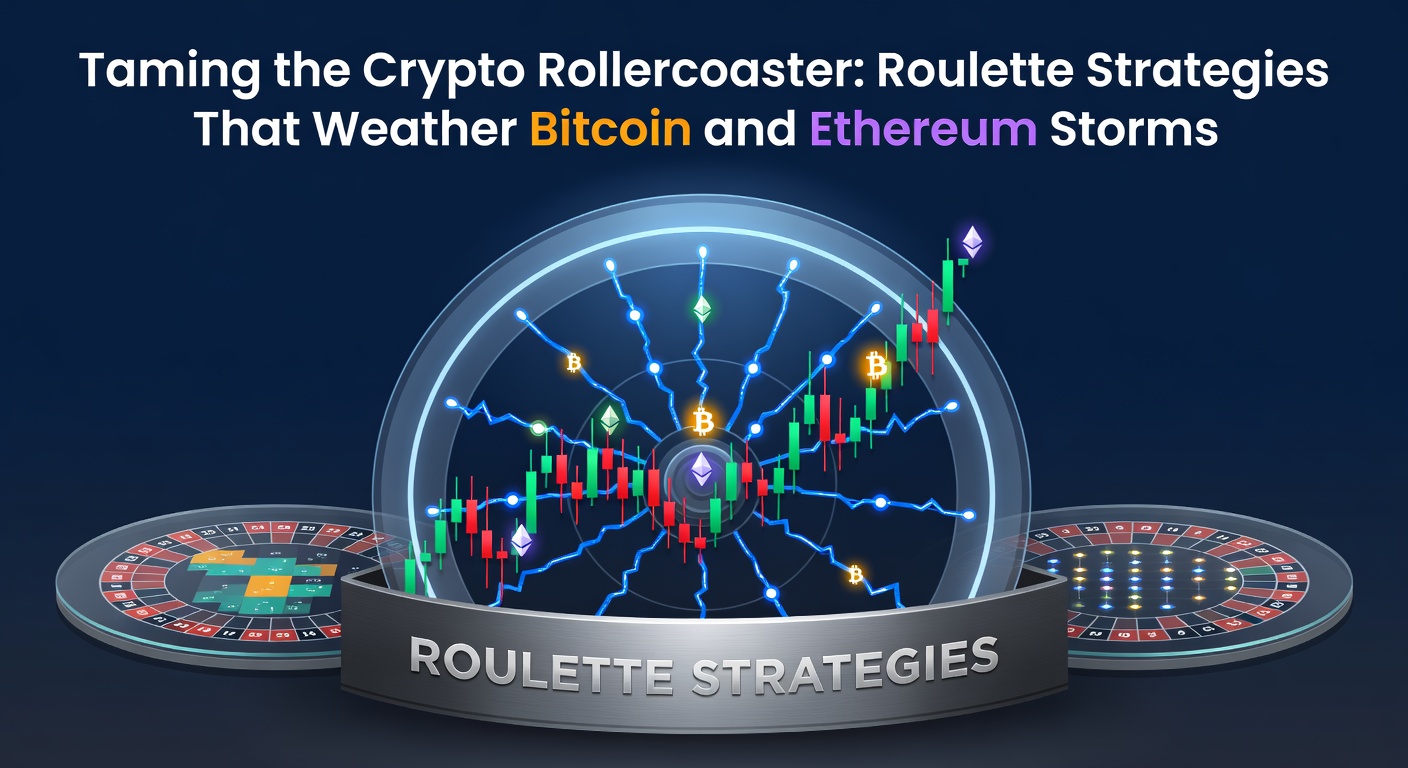 Grafik zeigt volatile Kurven von Bitcoin und Ethereum neben einem Roulette-Rad, symbolisiert Stabilität inmitten von Marktschwankungen