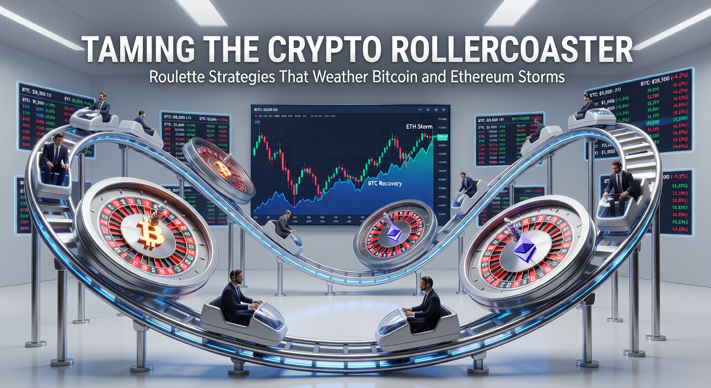 Detaillierte Tabelle mit Strategien, Volatilitätskurven von BTC und ETH sowie Roulette-Ergebnissen, illustriert Risikomanagement in der Praxis