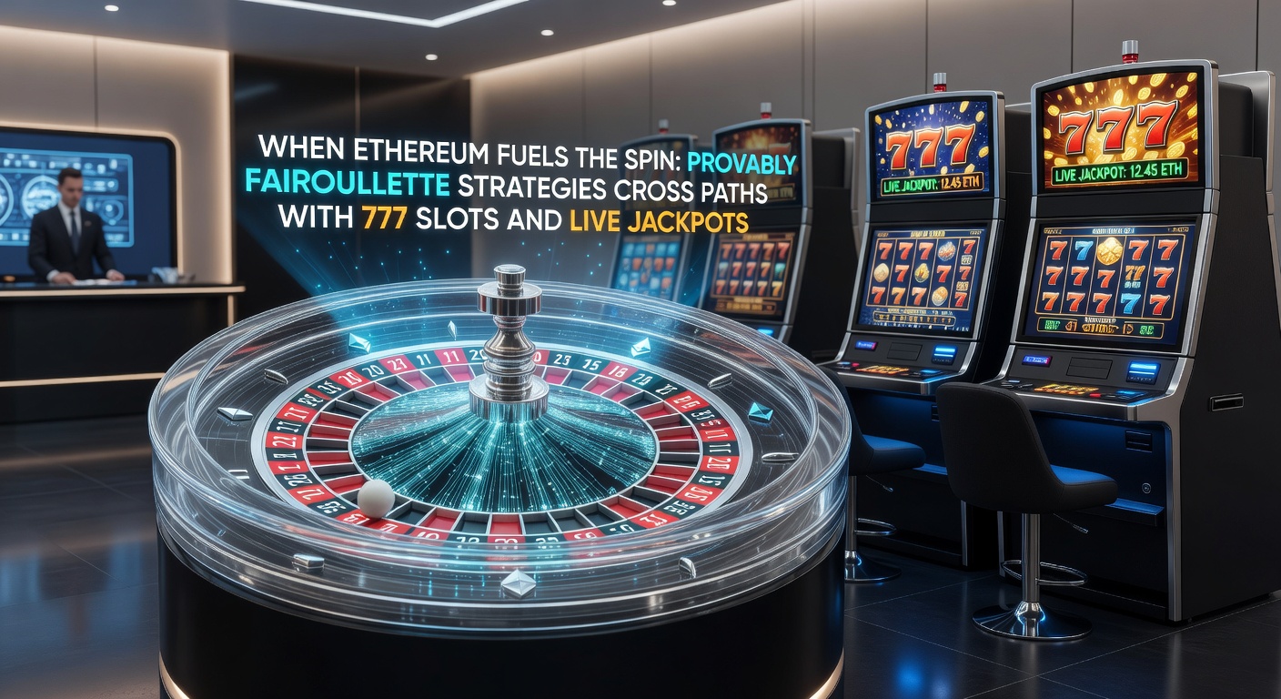 Ethereum-Transaktionen treiben ein digitales Roulette-Rad an, umgeben von Slots und Jackpot-Anzeigen